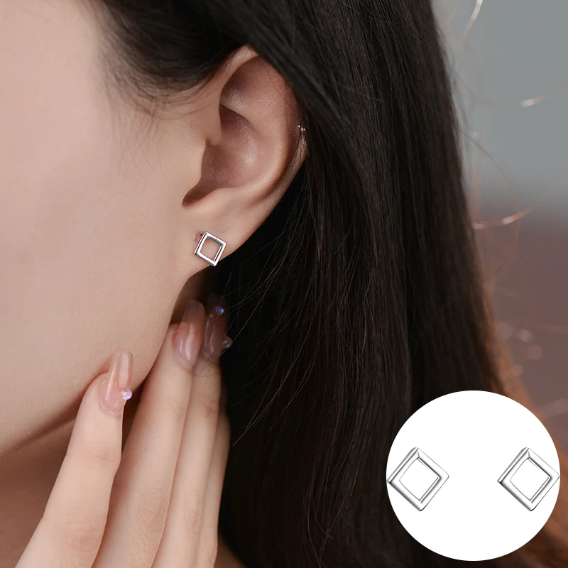 

100% 925 Sterling Silver Geometric Earrings for Women Girl Simple Hollow Out Square Design Jewelry Birthday Gift Dropshipping