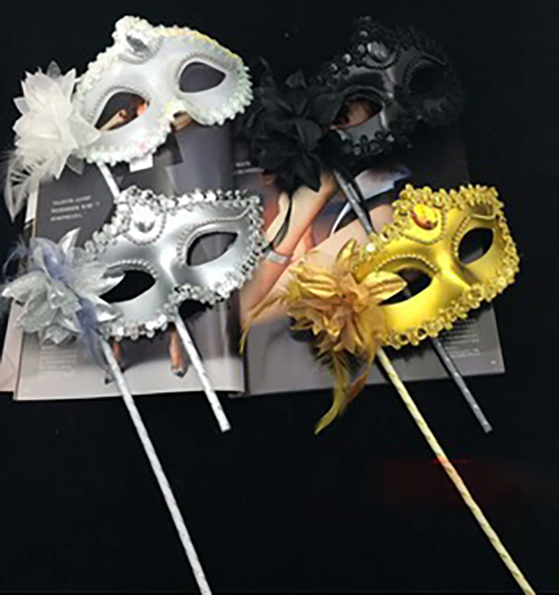 Women Handheld Masquerade Masks White Lace Veil Translucent Half Face Mask On Stick Side Feather Flower Festival Party Supplies