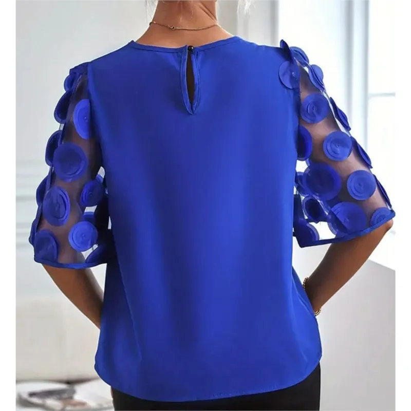 Fashion Women's Blouse Spring Summer New Short Sleeve Casual Simple O-Neck Black Lace Sheer Mesh Top Shirts For Women Pullover