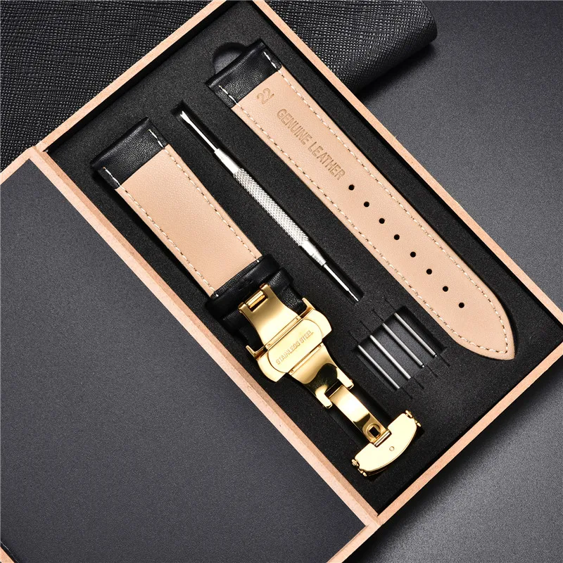 Leather Straps with Box 18mm 20mm 22mm 24mm Strap Stainless Steel Butterfly Buckle Clasp Leather Bracelet Black Brown Wristband