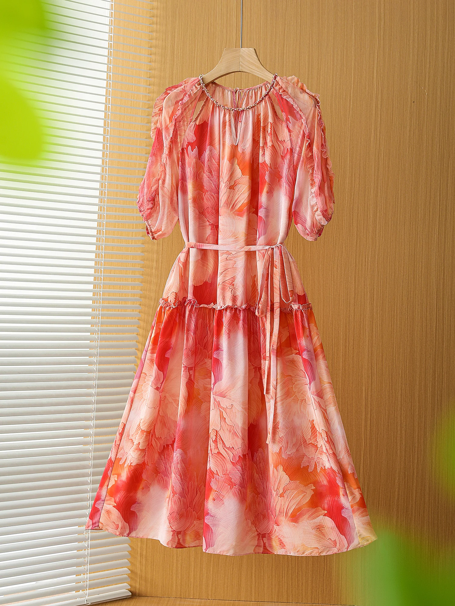 

New Silk Double Crepe Fashion Waist Collection Temperament Printed Dress LY8944