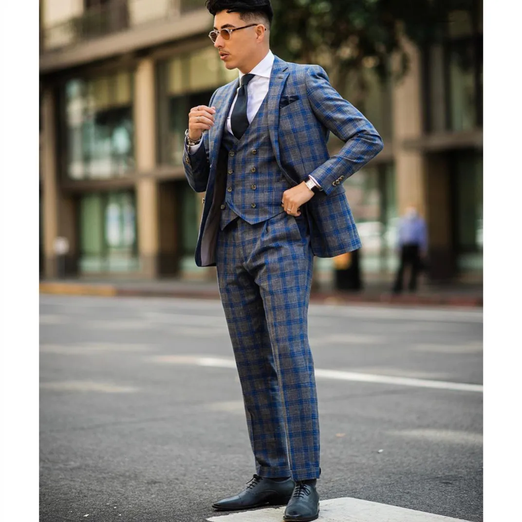 

Мужской Блейзер и брюки, темно-синий Однобортный блейзер с лацканами, строгий смокинг в шотландскую полоску