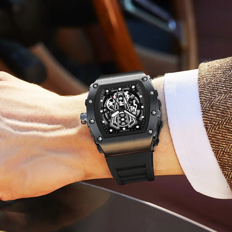 

Men’s Quartz Wristwatches Luxury Brand Men Wrist Watches Clock Fashion Black Skeleton Dial Waterproof Auto Date Watch ساعات