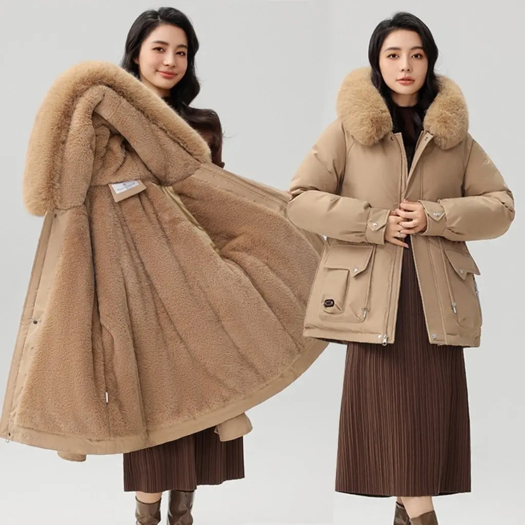 เสื้อโค้ทพาร์กาสำหรับผู้หญิงฤดูหนาว แบบหนา ทรงเข้ารูป มีฮู้ด อุ่นสบายด้วยผ้าฝ้าย แต่งปกขนสัตว์ขนาดใหญ่ ดีไซน์เอวเข้ารูปทันสมัย