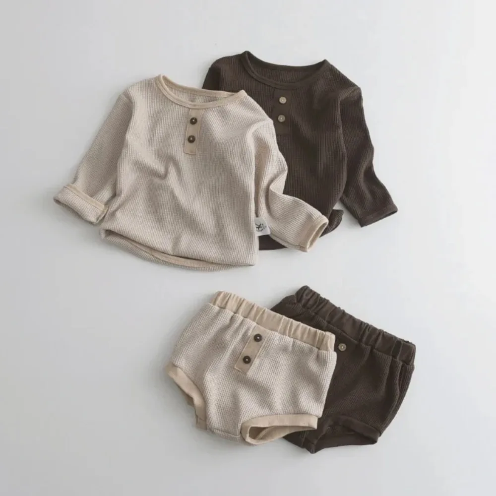 Boys and Girls Spring and Autumn Solid Color Suit Organic Cotton Round Neck Long Sleeve Top+PP Shorts 2-piece Set 0-2Y Baby