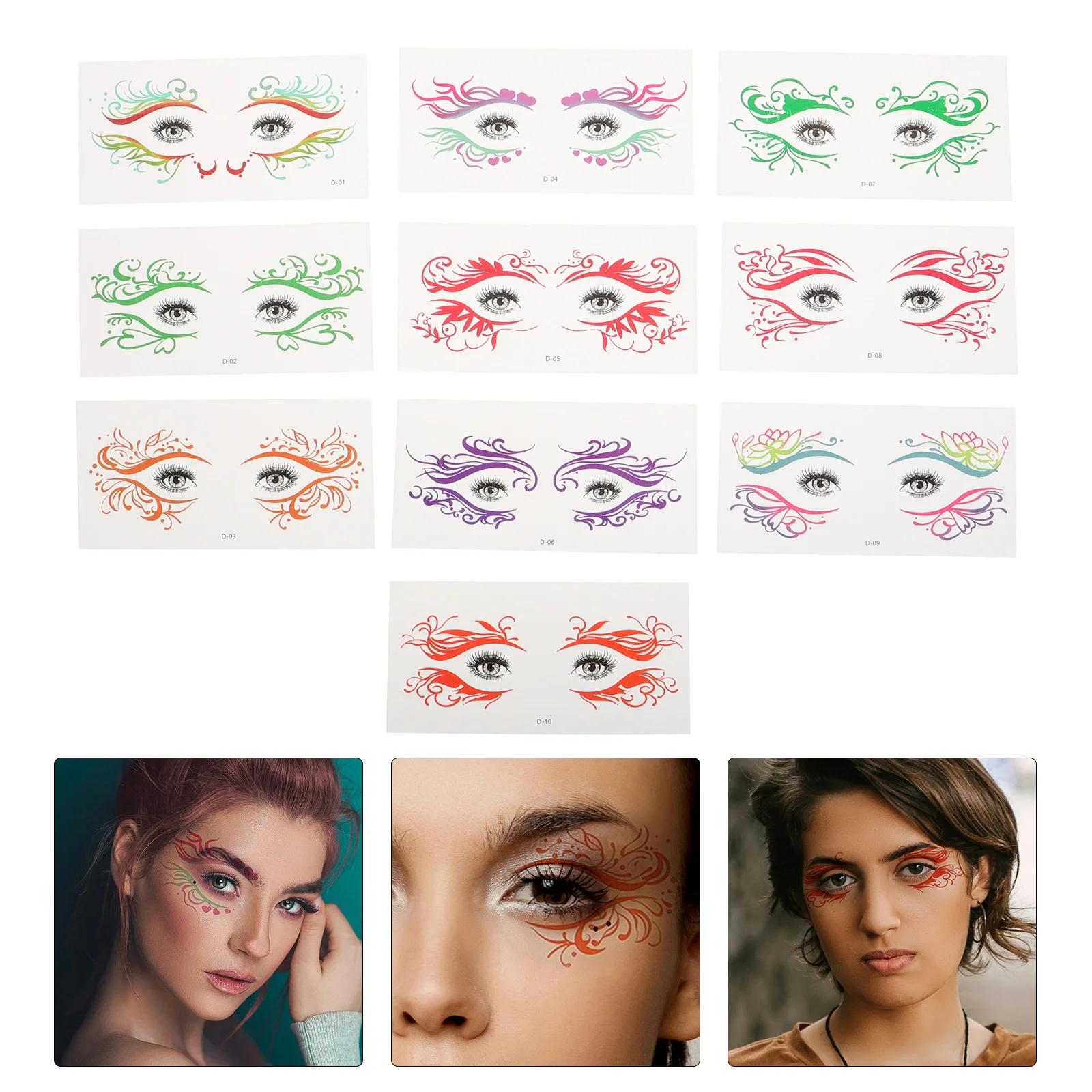 

10 Sheets Stickers For Eye Makeup Halloween Temporary Stickers Women Masquerade Face Tattoo Forehead Body Sticker Cosplay Costum