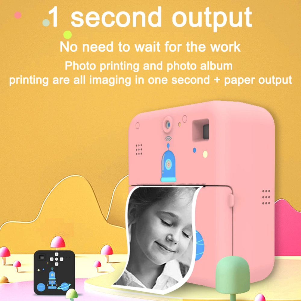 Portable Mini Photo Printer 1080P Instant Print Camera Wireless Thermal Label with 3 Roll Printer Paper for Travel List WorkMemo