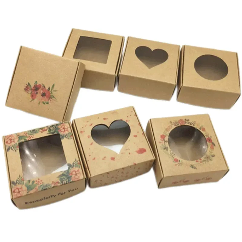 10Pcs Flower Pattern Kraft Paper Box with Window Handmade Soap Gift Boxes For Guest Jewelry Display Box Party Decorations