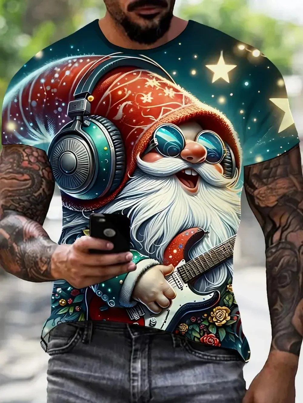 Weihnachts-Weihnachtsmann 3D-Druck T-Shirt für Männer, Lässiges Kurzarm-Shirt, Modisches O-Neck-Oberteil, Neujahrsgeschenk, Übergroßes T-Shirt – Detail 6