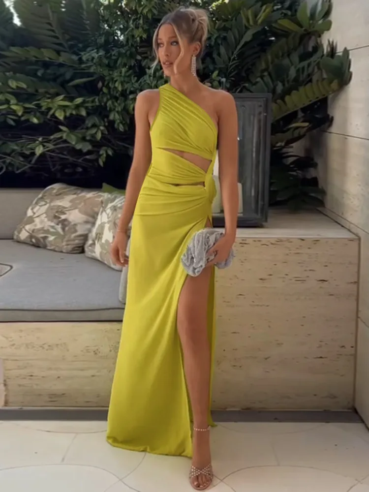 Articat Sexy épaule inclinée évider haute fente robe femmes été 2025 nouveau serré longue élégante moulante vacances robe de plage