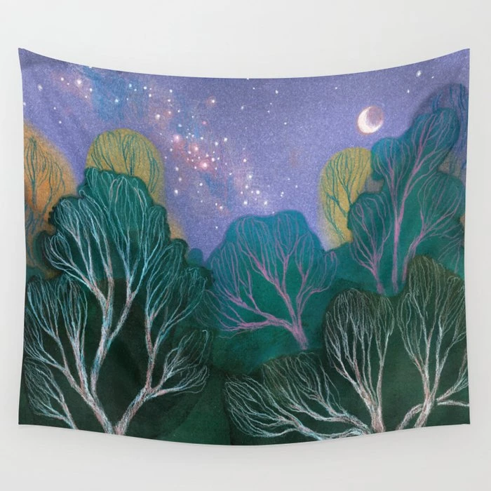 Dreamy Moon Night Forest Tapestry Vintage Starry Sky Tree Illustration Wall Hanging Cloth Atmosphere Soft Decoration Cloth