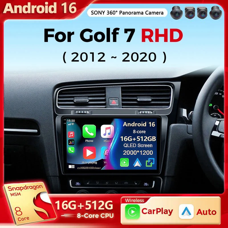 Android 16  Car Radio For Volkswagen VW Golf 7 MK7 GTI 2012-2021 Right Hand Drive RHD Carplay Android Stereo Video Player 2 Din