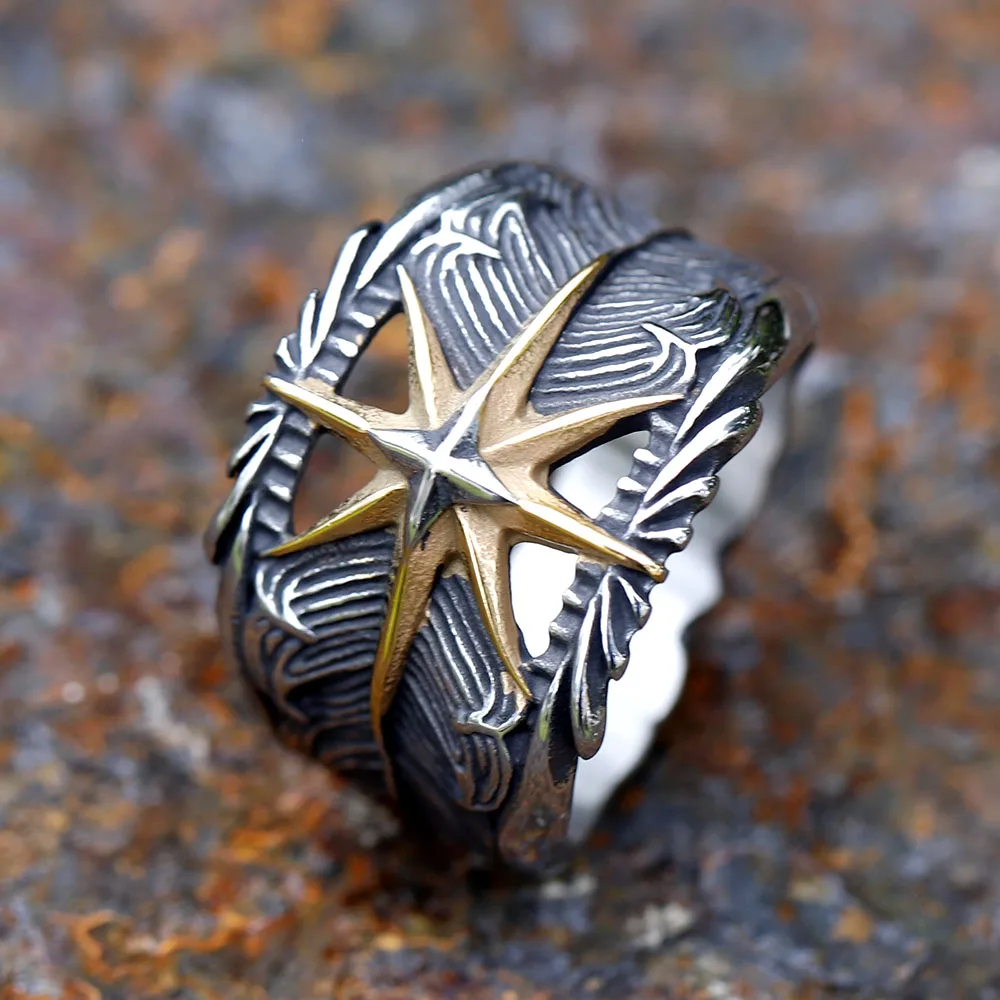 2023 Octagram Ring 316L Stainless Steel Feather Men Ring Hollow Punk Rock Rap for Biker Male Friend Jewelry Creative Gift R-1201