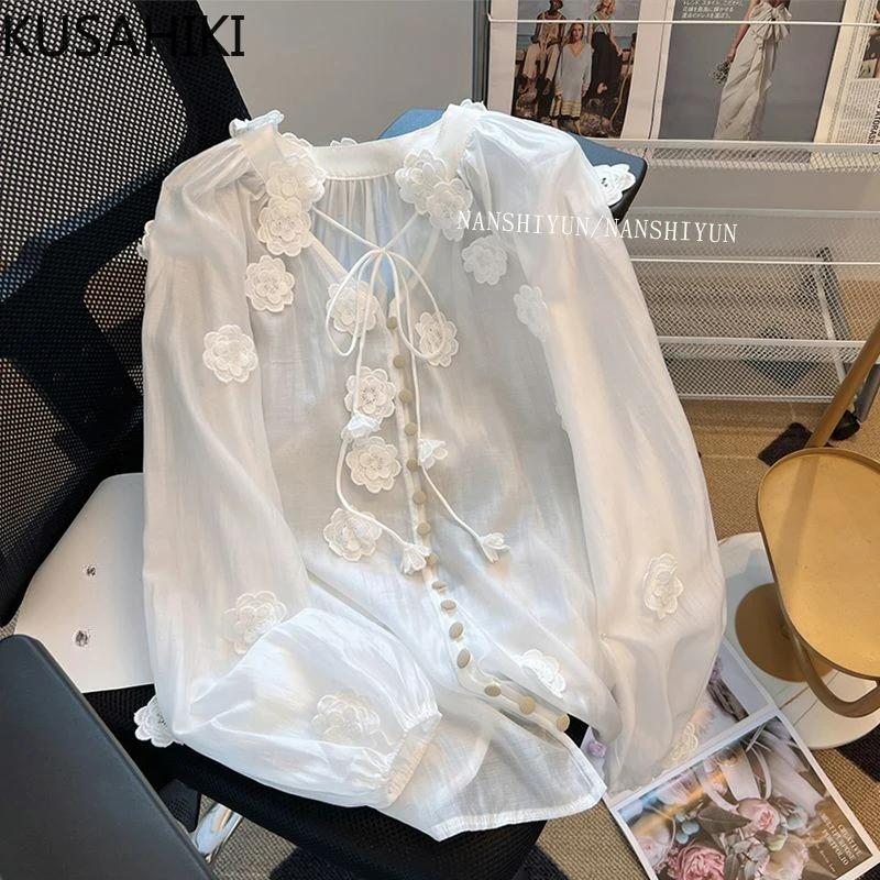 KUSAHIKI French Embroidered Shirt Women\'s Summer Thin Sunscreen Sweet White V-neck Puff Long Sleeve Top 2024 New