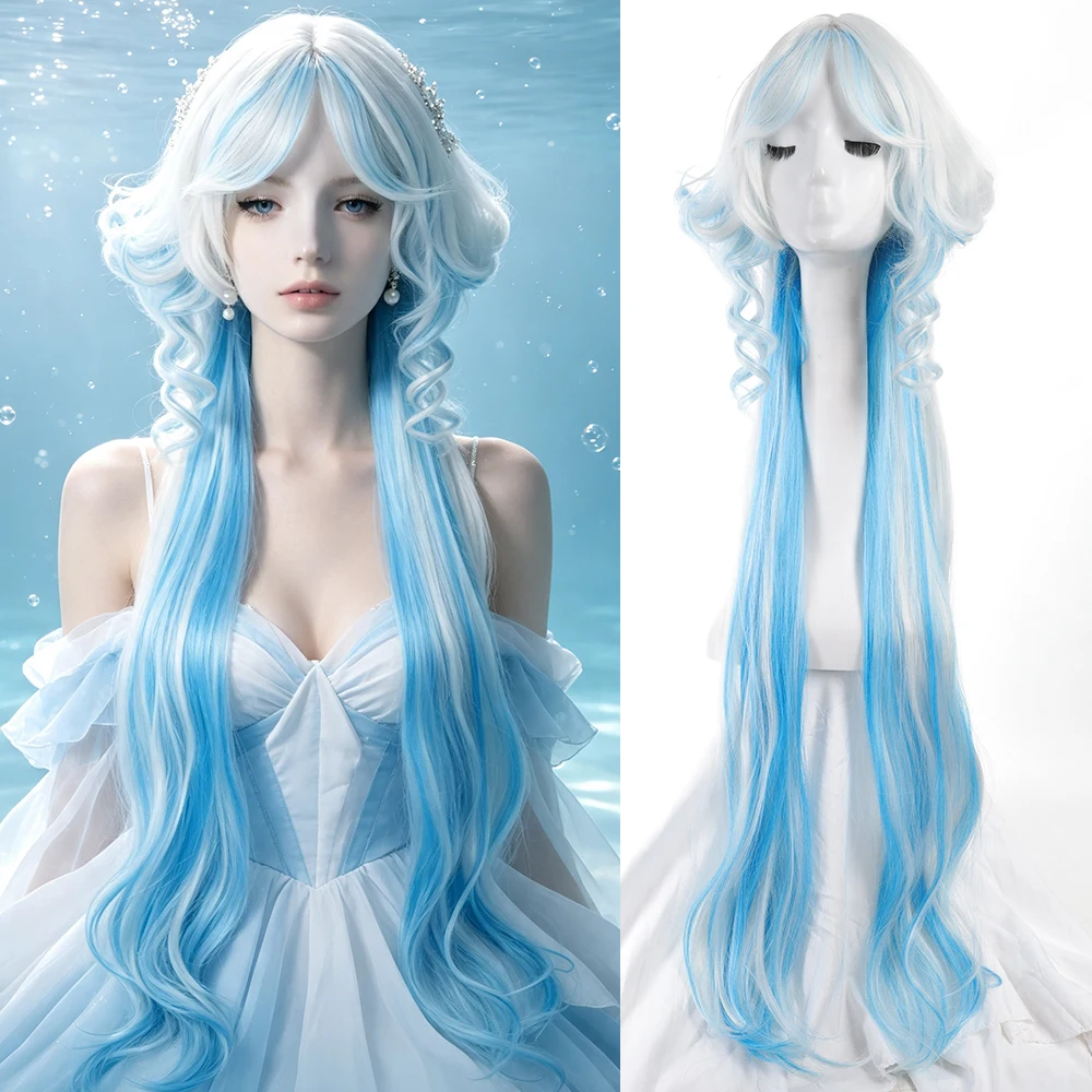 Synthetic 100cm Blue White Long Curly Hair Wig Halloween Cosplay Heat Resistant Fiber Hair Accessories For Women