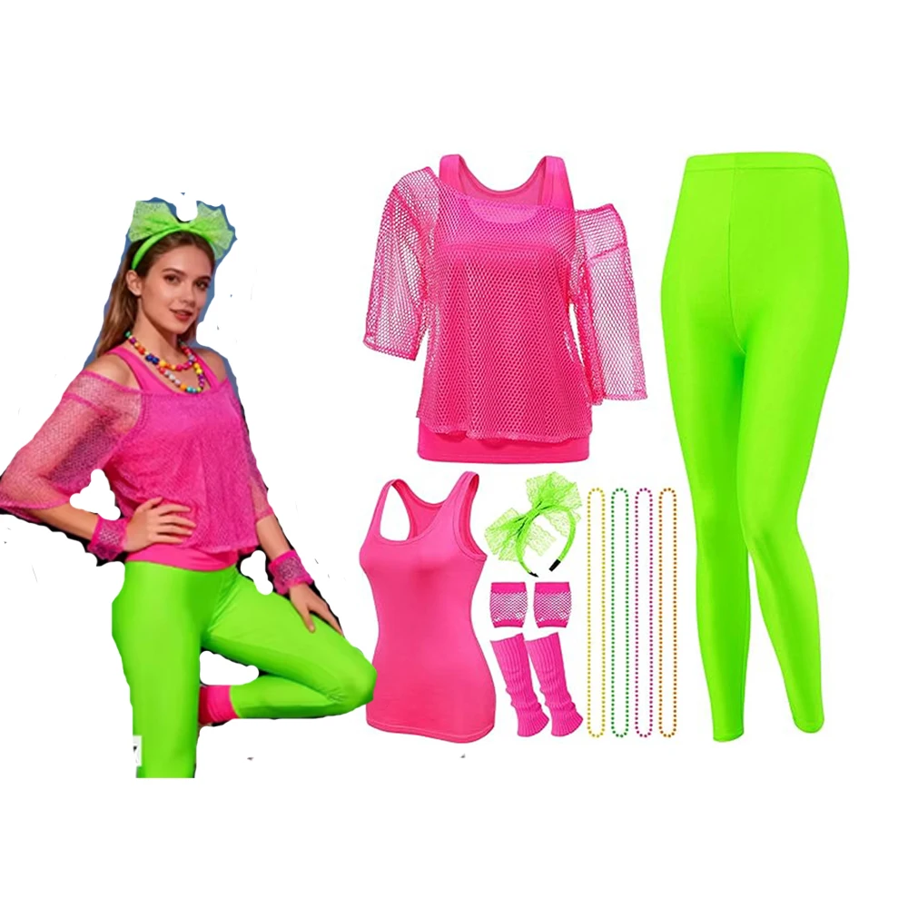 

Рождественская вечеринка, новинка 2025, женская футболка в сеточку 80-х годов, жилет, леггинсы, аксессуары для одежды