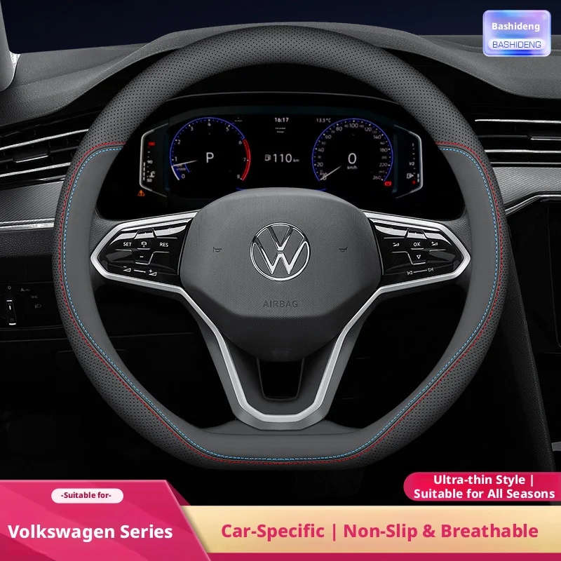 Genuine Leather Car Steering Wheel Cover for Volkswagen T-ROC R Taigo Touareg R Atlas R Tais T-Cross 2023 2024 2025 Accessories