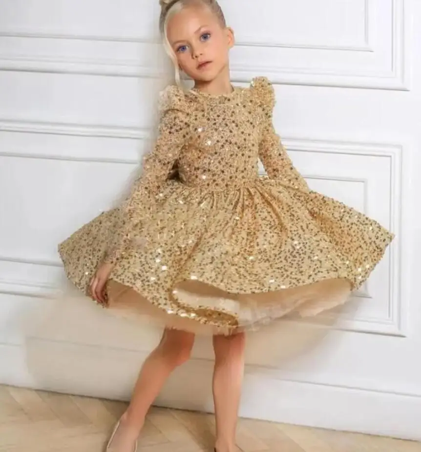 

Glitter Gold Flower Girl Dresses for Wedding Sequined Puffy Little Girls Pageant Birthday Dress Toddler First Communion Gowns