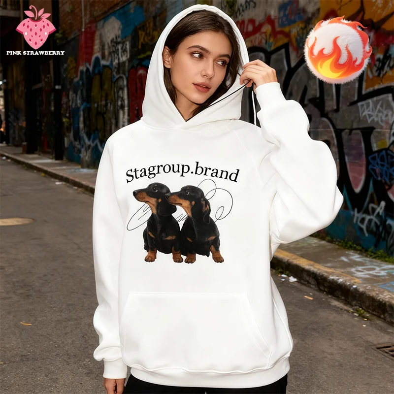 

Sausage Dog Print Plush Hoodie Women Autumn Winter 2025 New Cotton Loose Long sleeves Warm Sweatshirt Y2K Tops Ladies clothing