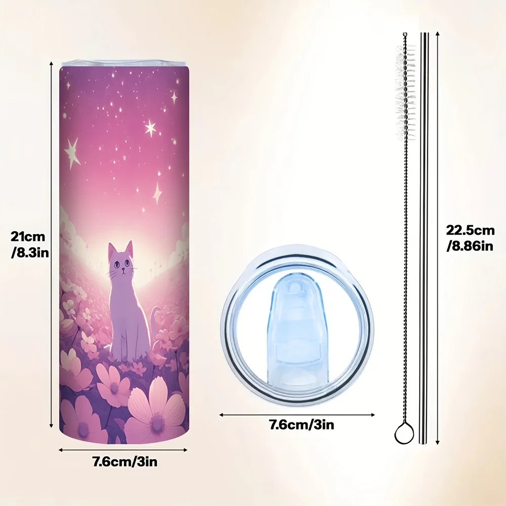 1pc Carnival and Independence Day 20oz Insulated Stainless Steel Skinny Tumbler with Straw, Suitable for Home Office Outdoor Travel, Dreamy White Cat Purple Floral Sparkling Starry Sky Print, Reusable Water Cup for Holiday Party Daily Use
