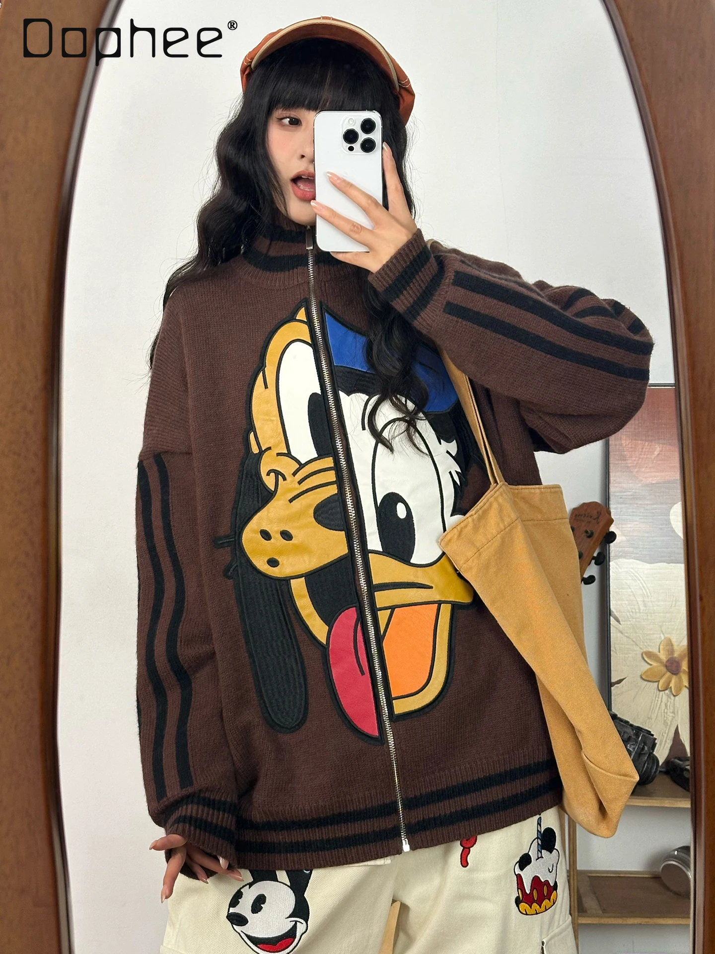 

American Retro Cardigan Sweater Fun Cartoon Patch Embroidery Lapel Knitted Cardigan Jacket Unisex Autumn Winter Sweater