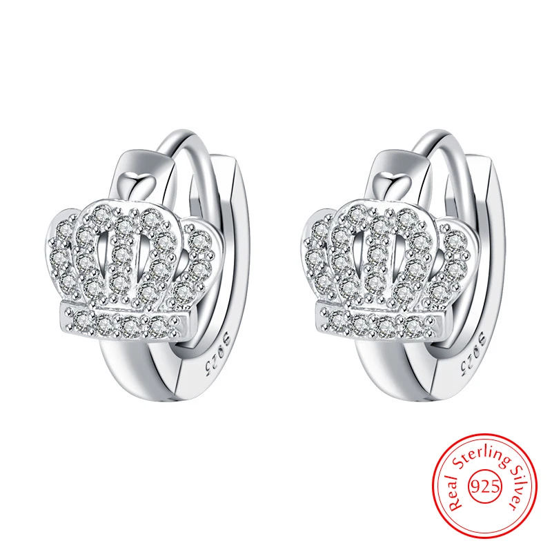 Real 925 Sterling Silver Lady's New Crystal Jewelry Crown Hoop Earrings XY0184