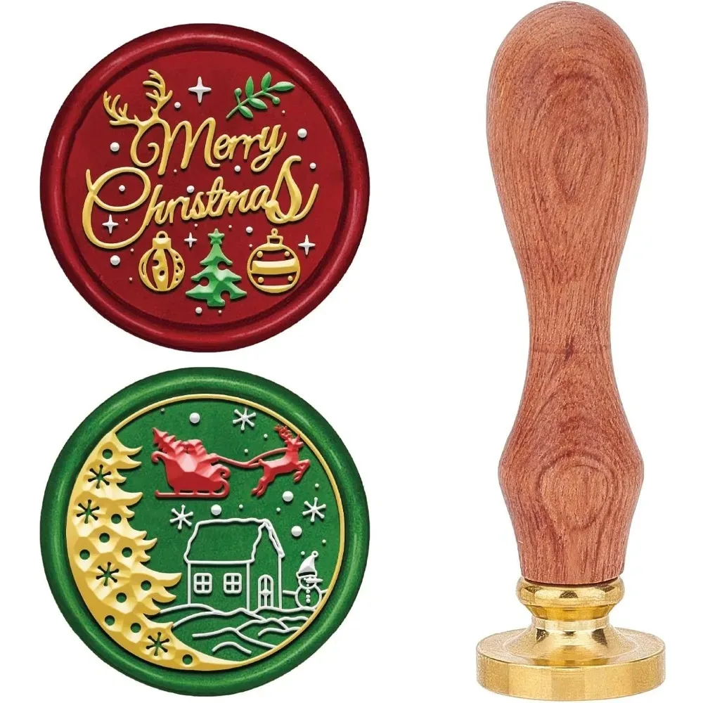 

2 Style Merry Christmas Seal Stamp Set Brass Sealing Stamp Heads+1pc Wood Handle Removable Kit Snowflake Reindeer making kit
