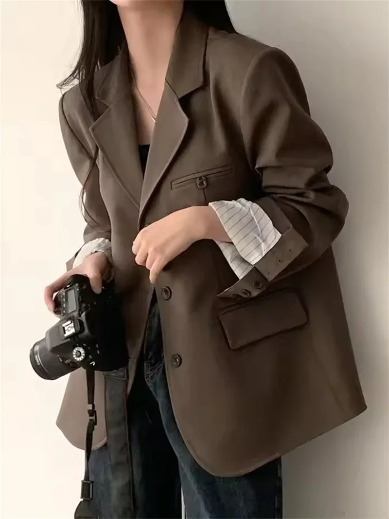 ポップポップファッション春カジュアルルーズ女性のスーツジャケット女性オフィス長袖ノッチ襟ボタンブレザーシックな通勤ワーク