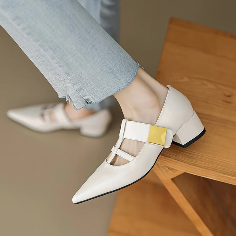 NEW Spring/Autumn Women Pumps Split Leather Shoes for Women Pointed Toe Chunky Heel Shoes Metal Buckle Mary Janes Handmade Shoes