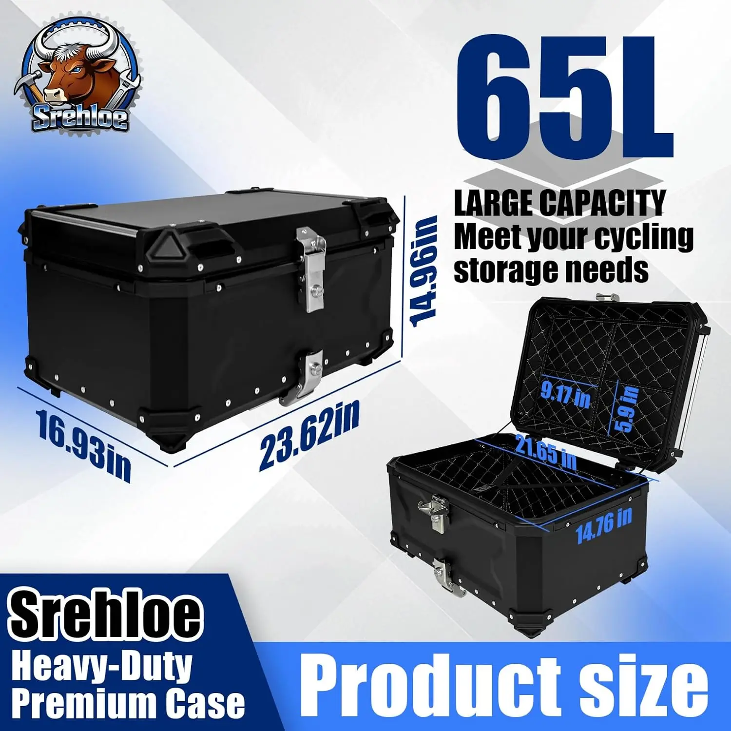 Motorcycle Top Case 65L, Aluminum Alloy Tail Box, Waterproof Detachable with Lock, Leather Lining
