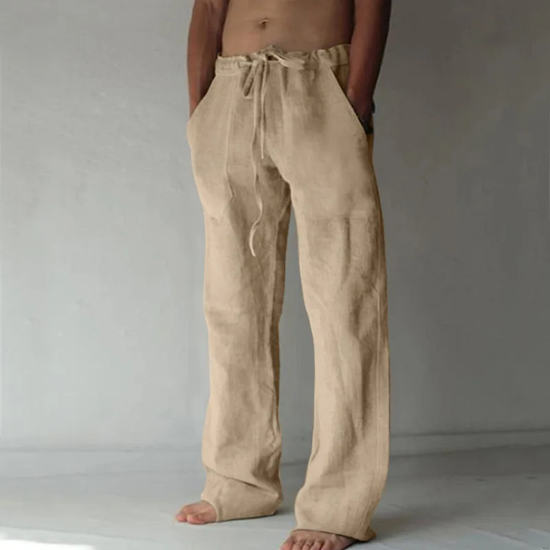 Herren Baumwoll-Leinen Lange Hosen Sommer Einfarbig Atmungsaktive Leinenhosen Männliche Lässige Hosen mit Elastischem Bund Harajuku Stil
