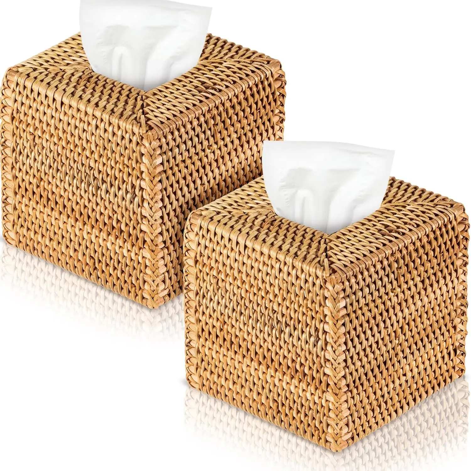 

2 Pcs Square Rattan Tissue Box Cover Boho Wicker Cube 5.5'' x 5.5'' Hand Woven Decorative Napkin Holder Bathroom Office Car