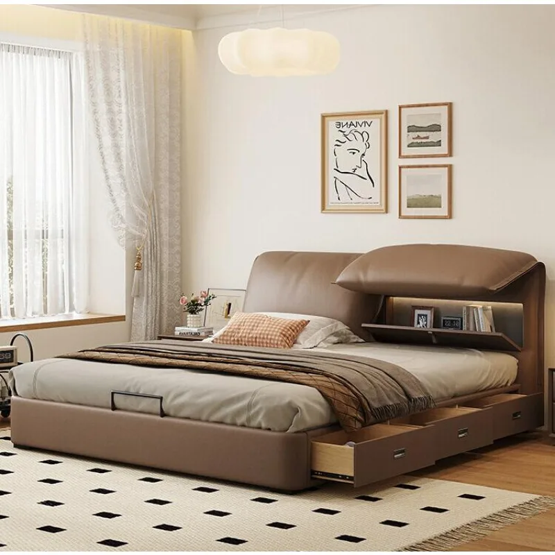 Leather bed modern simple double small apartment master bedroom high-end atmospheric storage wedding bed