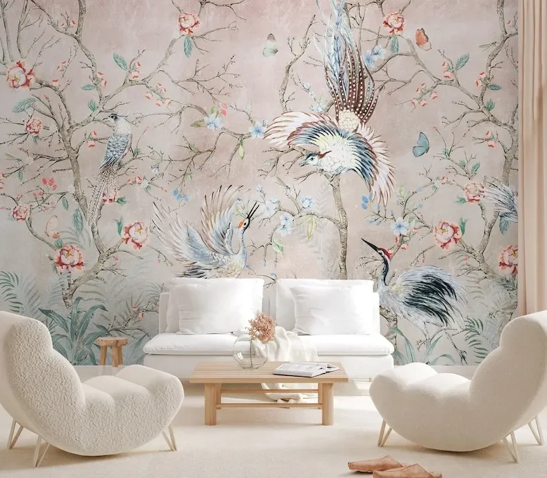 Chinoiserie Wallpaper Peony Blossom Wall Mural Peel and Stick