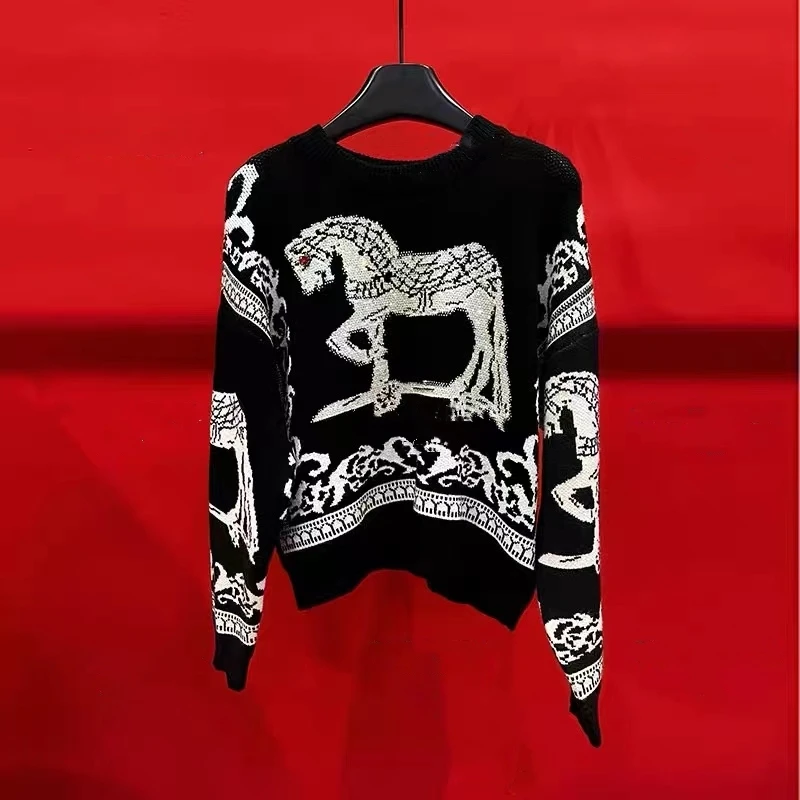 Rhinestone Horse Print Spring and Autumn Women\'s Knitted Ralph Sweater Y2K Vintage Men\'s Knitted Laure Pullover Sweater Jacket