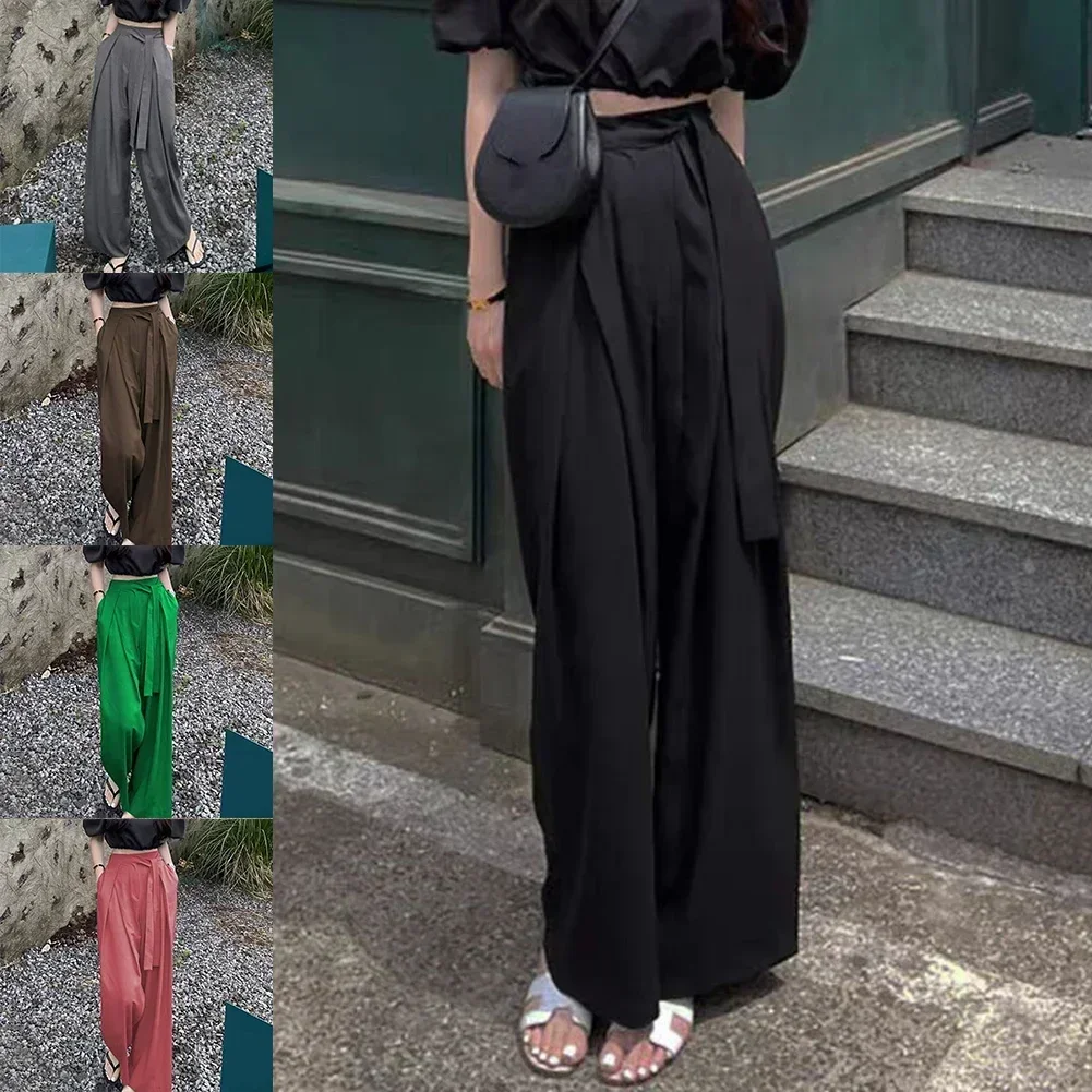 

Women High Waist Pleated Asymmetrical Strap Loose Mopping Pants Ladies Fashion Wide Leg Long Trousers