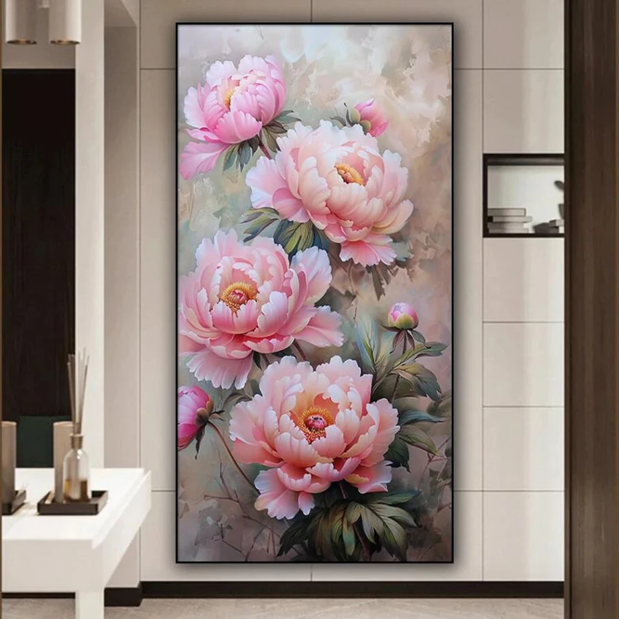 

Pink Peony Floral Diamond Painting Big Size Blooming Flowers Diy Full Square Round Drill Mosaic Embroidery Rhinestone Picture