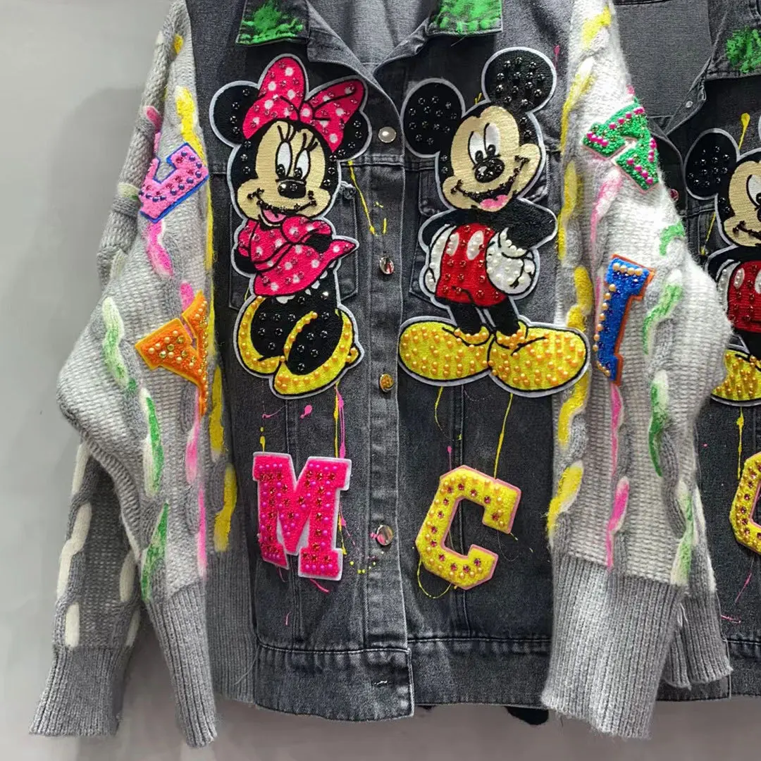 Spring Autumn Heavy Industry Embroidery Patch Knitted Splicing Denim Jacket Women Loose Lapel Single-breasted Rhinestone Jacket