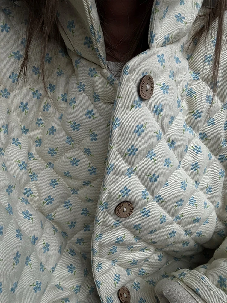

Women Floral Printed Sweet Warm Cotton Coat Mock Neck Thicken Long Sleeve Cotton-padded Jacket Loose Casual Lady Jacket