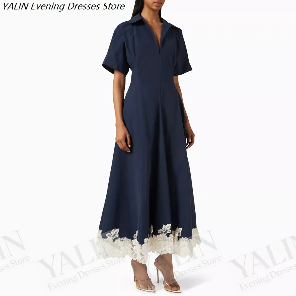 A-Linien-Abendkleider für Damen, knielang, V-Ausschnitt, kurze Ärmel, Ballkleider, modische Spitze, schlicht, drapiert, lässig, maßgeschneiderte Kleider
