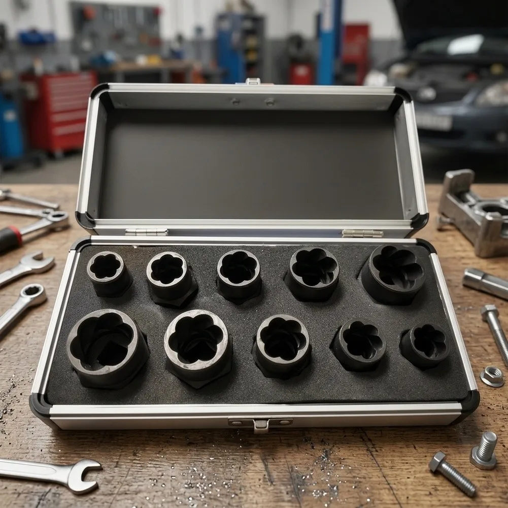 Steel Nut Remover Socket Kit 10 Piece Includes 9mm to 19mm Hex Sizes for Automotive and Workshop Applications Steel
