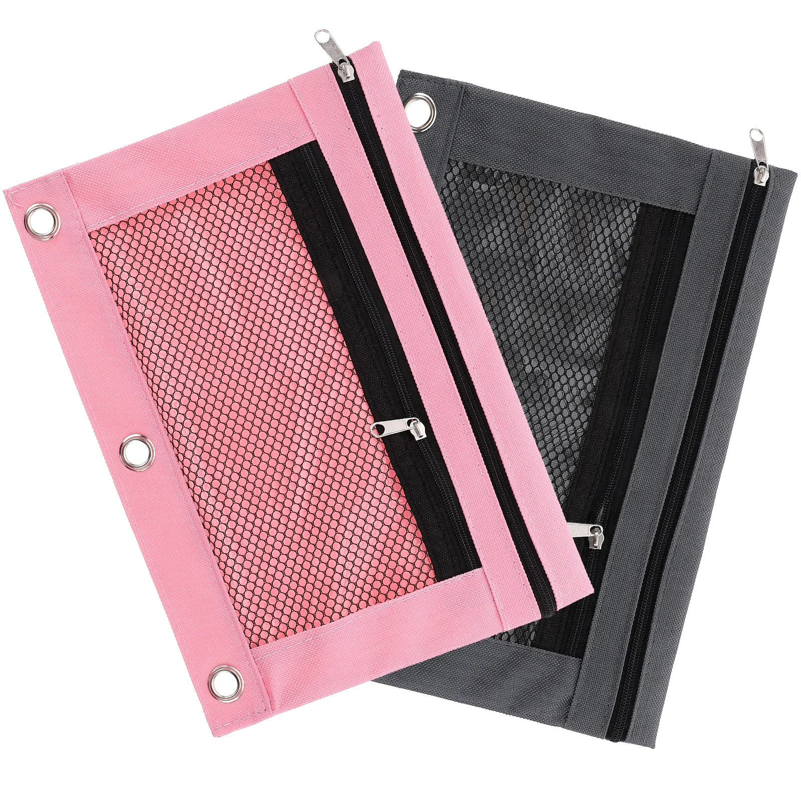 

2pcs Double-layer Pencil Bag Binder Oxford Cloth Grey Pink Pens Holders Detachable Pouch Zipper Pen Holder Wear-resistant Easy