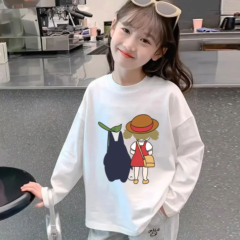 Long-sleeved T-shirt girls spring and autumn thin pure bottoming shirt children's wear pullover round neck printed top white aut