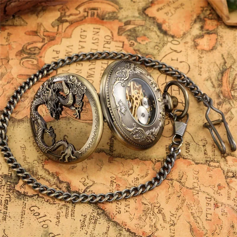 Steampunk Hollow Out Dragon Half Hunter Clock Hand Wind Mechanical Skeleton Pocket Watch for Men Women Pendant Chain Timepiece