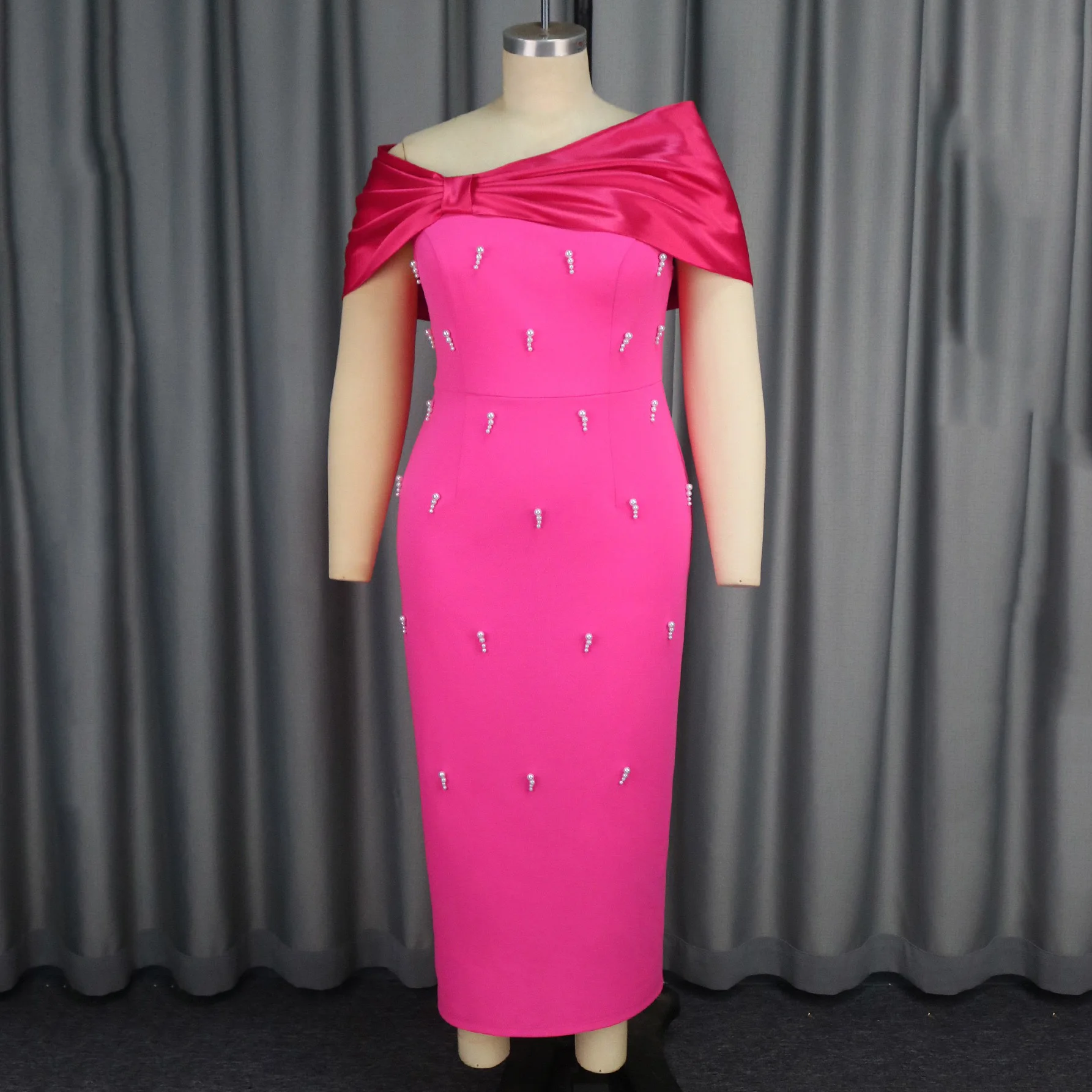 Vestidos elegantes para mujer con hombros descubiertos, lazo grande decorado con cuentas, espalda rosa dividida, media pantorrilla, vestido de boda de fiesta de cumpleaños de lujo