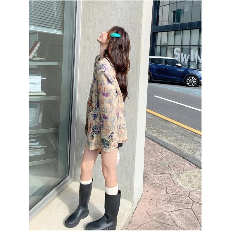 Insozkdg Graffiti Gedrukt Oversized Pak Jas voor Vrouwen Herfst 2025, Koreaanse Stijl Losse Casual Mode Pak Blazer Vrouwen Tops
