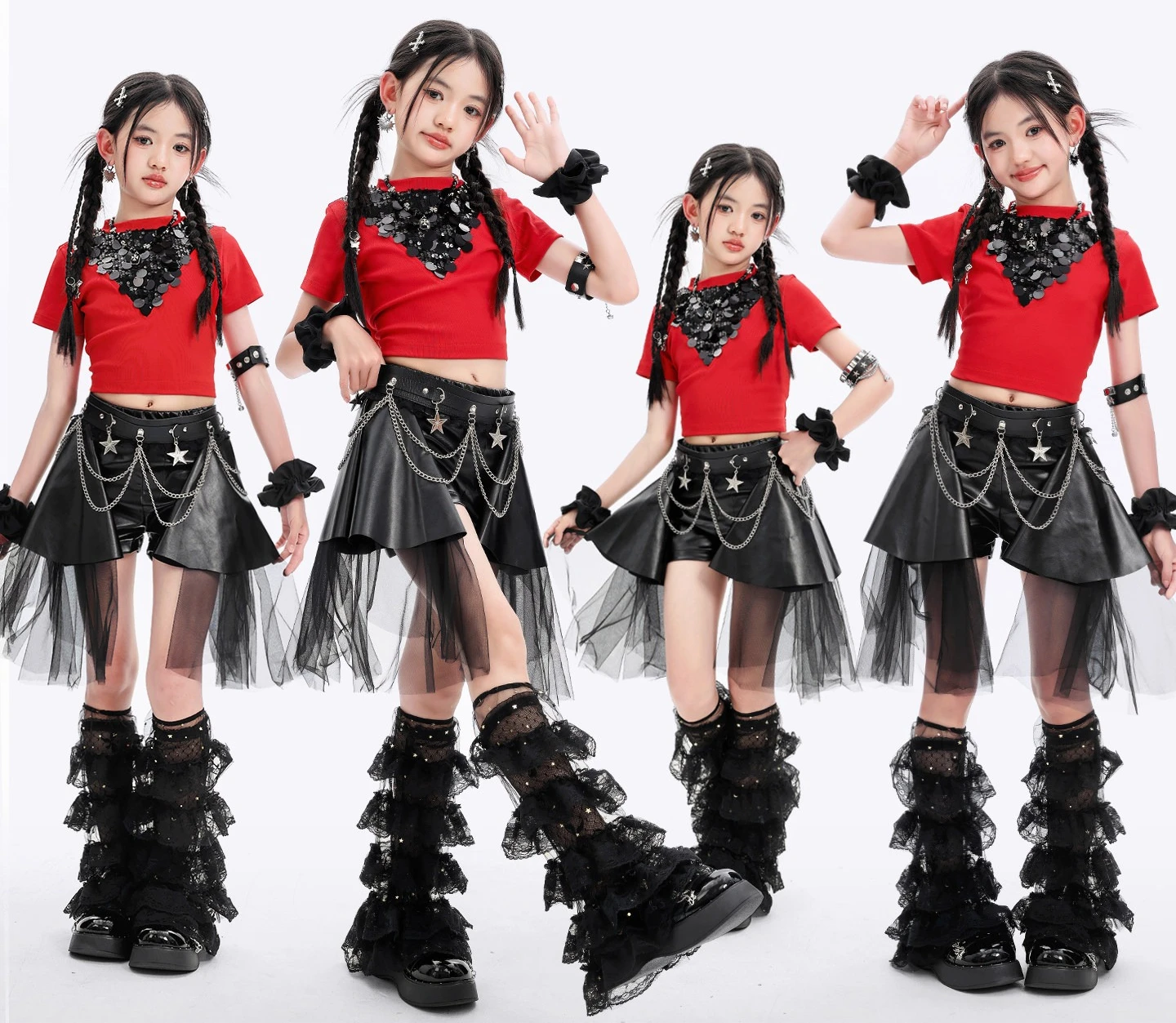 Hip Hop Girls Sequin Crop T-shirt Dance Ribbon Skirts Kids K-pop Shiny Jazz Clothes Sets Children Girl Group Streetwear Costumes