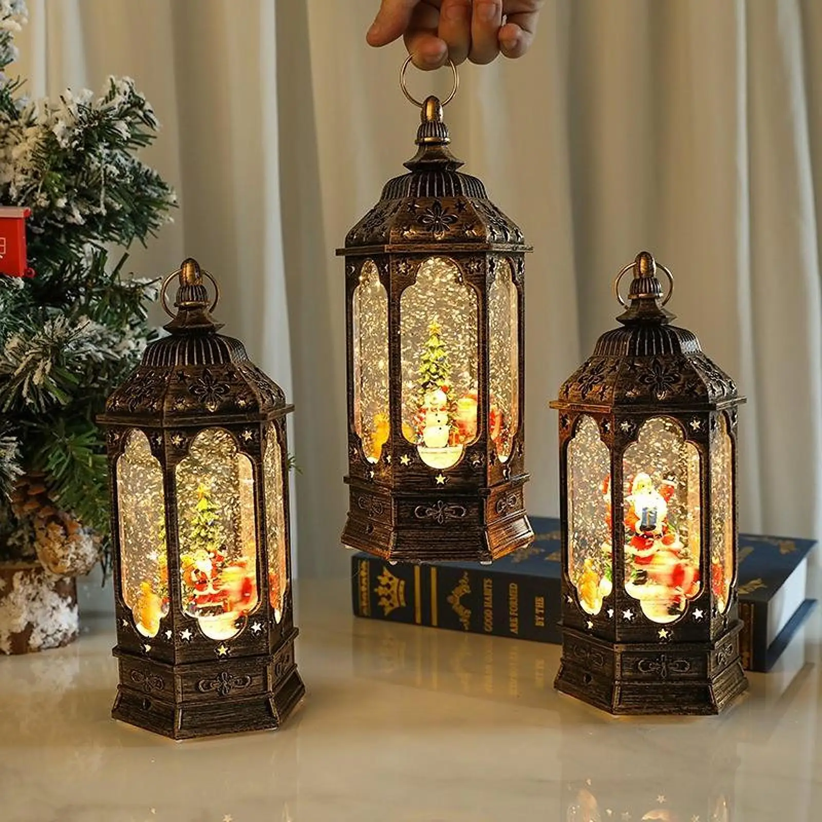 Musical Snow Globe Lantern Ornament Lighted Christmas Decor Swirling Sing Water Glittering Snowflake Home Tabletop Gift