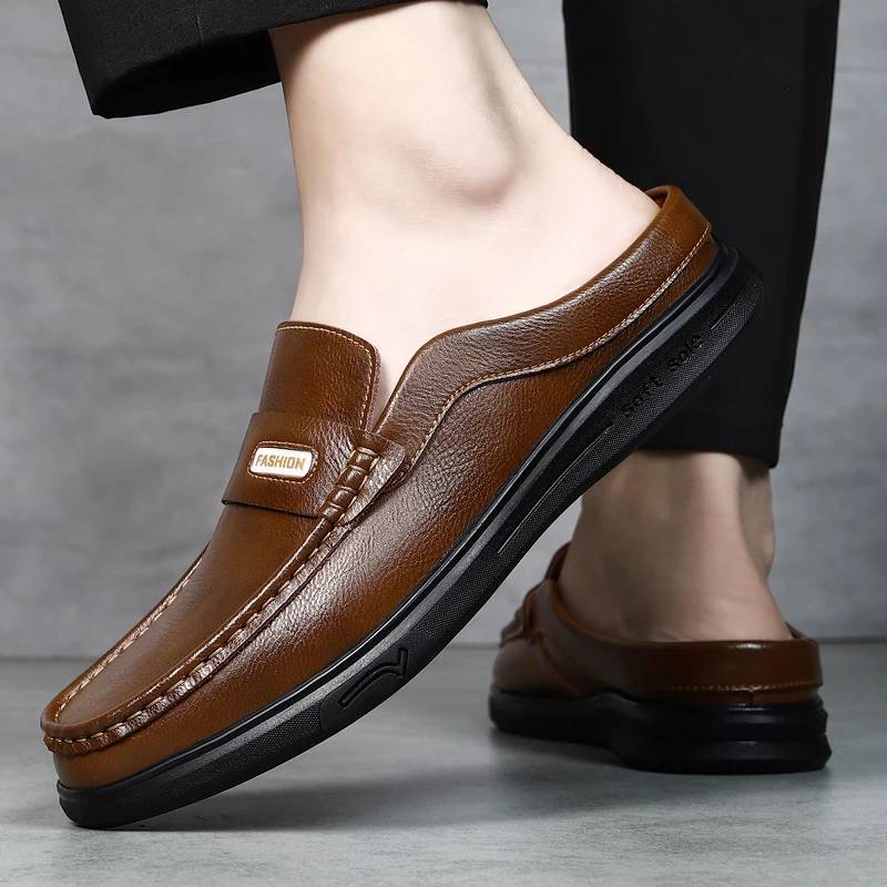 

Men's Mules Slip-On Loafers Half Shoes for Men Leather Slippers Backless Flats Summer Casual Plus Big Size 48 49 50