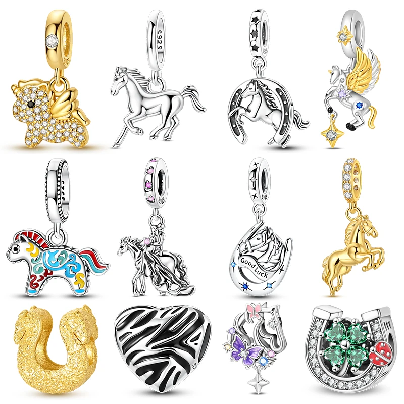 Lovely Horse & Unicorn Animal Charms Bead 925 Sterling Silver Horseshoe CZ Zircon Bead Pendant Women Bracelet Accessory Gift